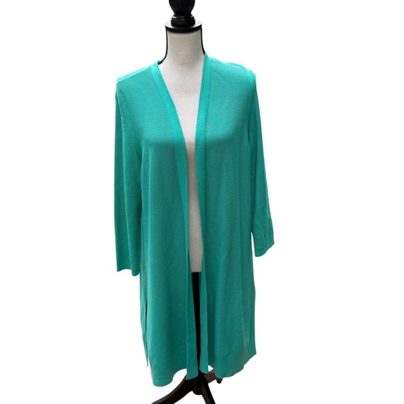 Talbots Women’s Long Cardigan Size L Green Open Front Duster Minimalist Office - Picture 3 of 11